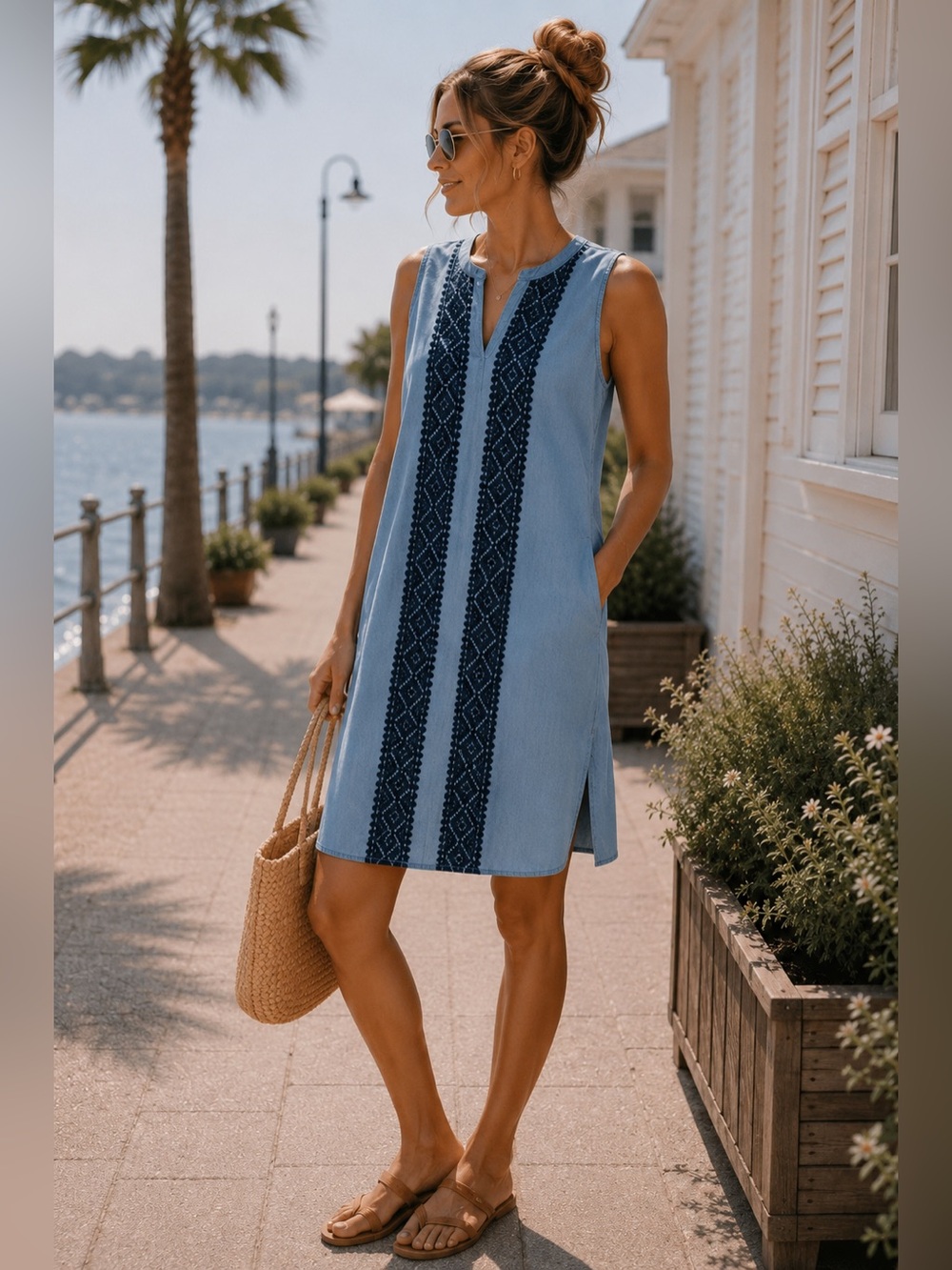 Crown & Ivy Chambray Shift Dress Blue Sleeveless Embroidered Accent  Chic Sz Sm